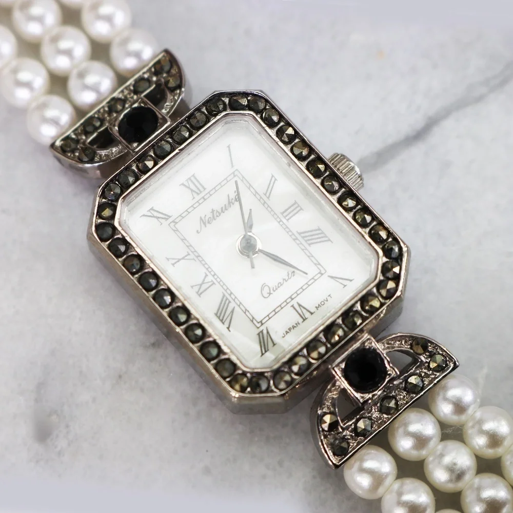 Elegant Vintage Netsuke Pearl & Marcasite Watch